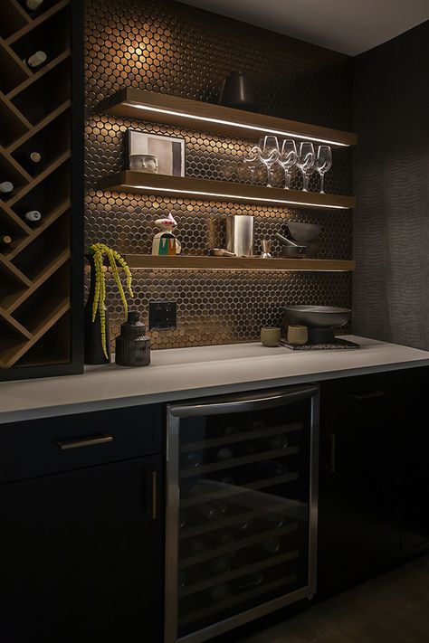 Moody Home Bar Design, Wet Bar With Wine Rack, Dry Bar Backsplash Ideas, Wet Bar Cabinet Ideas, Moody Wet Bar Design, Wet Bar Black Cabinets, Modern Wet Bar With Wine Rack, Dark Moody Wet Bar, Home Bar Corner