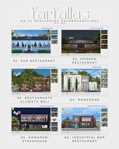 Sims 4 Lots Restaurant No Cc, Sims 4 Restaurant No Cc, Ts4 Lots, Sims4 Build, Ts4 Builds, Sims 4 Restaurant, Gallery Restaurant, Gaming Ideas, Furniture Cc