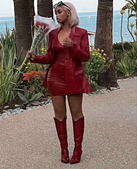 Red Dress Aesthetic Black Woman, Red Dress And Jacket Outfit, Birthday Outfit Aesthetic Fall, Red High Heel Boots Outfits, Red Leather Outfit Black Women, Red Dress Cowgirl Boots, Cropped Jacket With Dress, Burgundy Corset Outfit, Red Rodeo Outfit