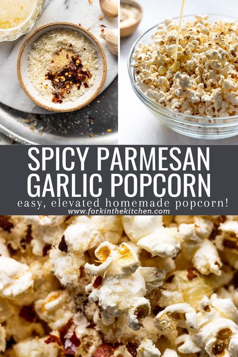 Dig into a big bowl of warm, buttery Homemade Spicy Garlic Parmesan Popcorn for your next movie night or party appetizer! You won't be able to stop snacking on this savory, salty homemade popcorn. It's ready in 5 minutes and made with simple ingredients: garlic powder, red pepper flakes, fresh parmesan cheese, and high-quality butter. Garlic Parmesan Popcorn, Diy Popcorn Seasoning, Garlic Popcorn, Popcorn Recipes Savory, Parmesan Popcorn, Popcorn Seasoning Recipes, Stop Snacking, Mediterranean Snacks, Spicy Popcorn