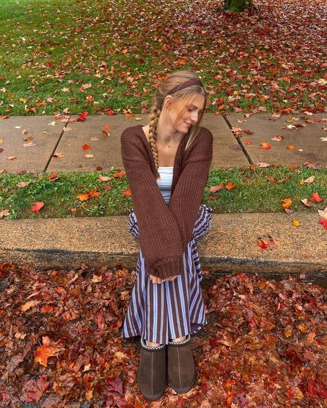 thinking about💭🍁🧸☕️🌧️ @peppermayo .. fall style, fall outfit inspo, fall inspiration, fall aesthetic, cozy style, style inspo, pinterest outfit, pinterest aesthetic, chunky cardigan, striped pants, french braid, headband, chunky sweater Everyday Chunky Knit Fall Sweater, Fall Chunky Knit Cardigan, Chunky Sweater Aesthetic Fall, Oversized Chunky Knit Fall Cardigan, Cozy Chunky Knit Fall Scarves, French Braid Headband, Fall Aesthetic Cozy, Chunky Headband, Braid Headband