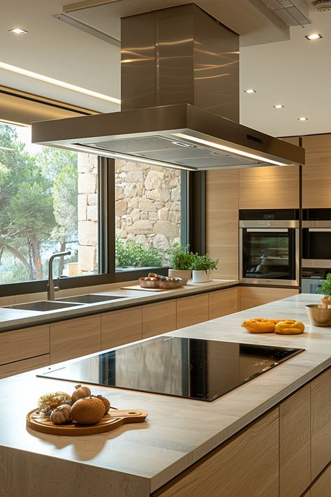 Kitchen With Island Cooktop, Induction Cooktop Kitchen Island, Kitchen Island With Electric Cooktop, Cooktop Island Kitchen, Induction Cooktop In Island, Kitchen Island With Induction Cooktop, Kitchen With Cooktop In Island, Kitchen With Windows By Stove, Modern Kitchen With Windows