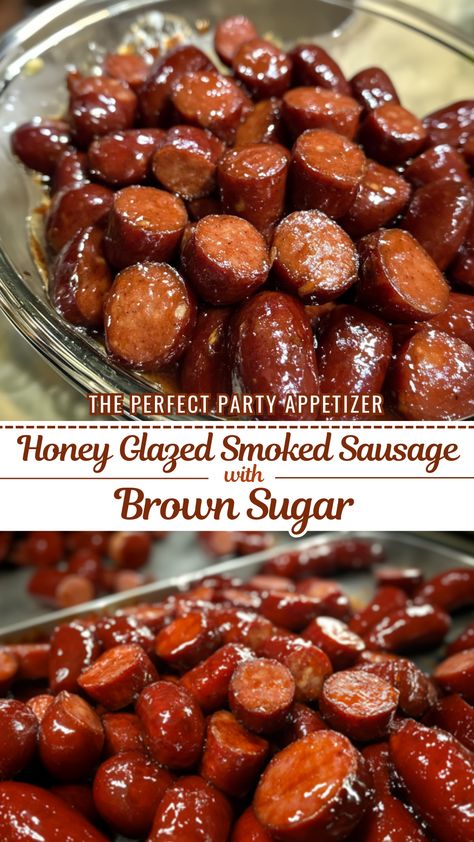 The Perfect Party Appetizer: Honey Glazed Smoked Sausage with Brown Sugar Georgia Tailgate Food, Honey Kielbasa Recipes, Cocktail Weiners Bacon Brown Sugar, Smokey Sausage Recipes Lil Smokies, Grilled Sausage Appetizer, Brown Sugar Sausage Bites, Sweet And Sour Smoked Sausage, Smoky Sausage Recipes, Glazed Sausage Recipes