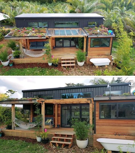 A modern tiny house with a porch and green roofs, that uses cedar siding and colored steel for the exterior materials. House With A Porch, Exterior Materials, Green Roofs, Tiny House Inspiration, Cedar Siding, Container House Plans, House Exterior Design, Modern Tiny House, Modern House Exterior Colors