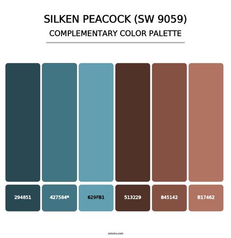 Silken Peacock (SW 9059) - Complementary Color Palette Peacock Blue Decor, Color Palette Peacock, Peacock Color Palette Bedroom, Sherwin Williams Silken Peacock, Silken Peacock Sherwin Williams, Petrol Blue Colour Palette, Petrol Color Palette, Silken Peacock, Peacock Color Palette