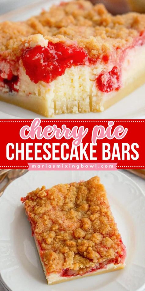 These Cherry Pie Cheesecake Bars are the perfect combination of two classic desserts. The rich and creamy cheesecake is topped with a layer of sweet and tart cherry pie filling, all on top of a buttery graham cracker crust. This recipe is sure to become a family favorite! Cherry Filling Recipes, Cherry Pie Crumble, Cherry Cheesecake Bars, Tart Cherry Pie, Cherry Pie Bars Recipe, Pie Filling Desserts, Cherry Pie Filling Recipes, Cherry Pie Bars, Baking Recipes Pie