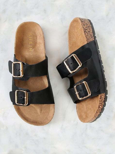 Double Buckle Cork Footbed Slide Sandal -SHEIN(SHEINSIDE) Trendy Slippers, Sandal Online, Sandals Outfit, Birkenstock Sandals, Slides Sandals, Buckle Sandals, Women Sandals, Sandals For Women, Trendy Shoes