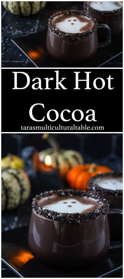 Dark Hot Cocoa in two clear glass mugs with ghost latte art. Dark Cocoa Powder Recipes, Dark Chocolate Cocoa Powder Recipes, Special Dark Cocoa Recipes, Dark Hot Chocolate Recipe, Dark Chocolate Hot Chocolate, Black Cocoa Recipes, Dark Chocolate Hot Cocoa Recipe, Black Hot Chocolate, Dark Hot Chocolate Mix Recipe