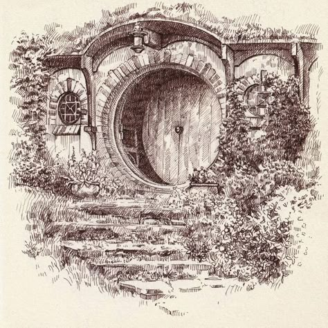 fantasy art Architecture Fantasy Art, Ink Drawing Techniques, Hobbit Home, Hobbit Art, Tolkien Art, Lotr Art, Classic Characters, Pen Drawings, Charcoal Art