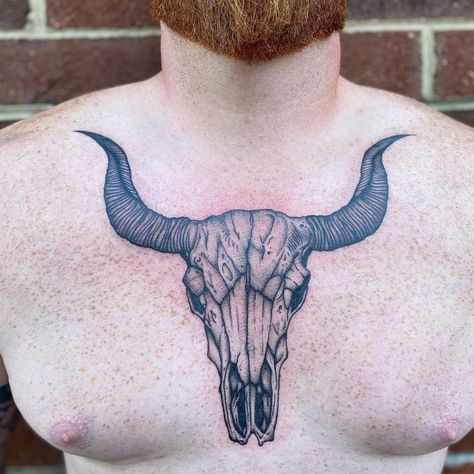 Bull Skull Tattoo For Men, Skull Tattoo For Men, Bull Skull Tattoo, Bull Skull Tattoos, Tattoo Chest, Bull Tattoos, Men Chest, Bull Skull, Bull Skulls