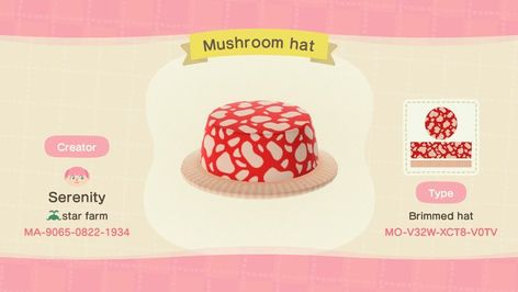 Mushroom Hat Animal Crossing, Acnh Hat Design Codes, Acnh Hat Design, Animal Crossing Mushroom, Hat Animal Crossing, Acnh Mushroom, Mushroom Hat, Hat Design, Brim Hat