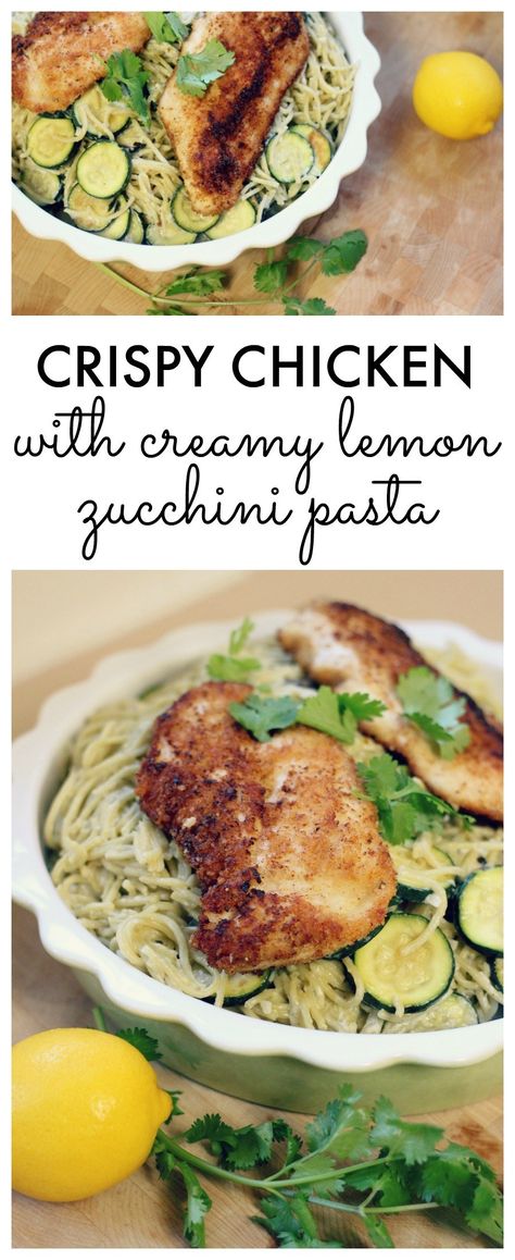 crispy-chicken-with-creamy-lemon-zucchini-pasta Crispy Chicken Dinner, Lemon Zucchini Pasta, Pasta And Zucchini, Chicken Zucchini Pasta, Creamy Lemon Pasta, Lemon Chicken Pasta, Lemon Zucchini, Cheesy Zucchini, Chicken Zucchini