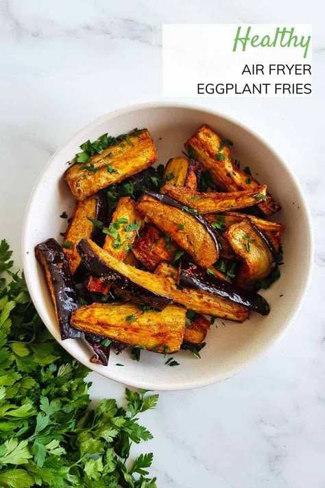 These fantastic air fryer eggplant fries are a fantastic, healthy side dish you can prepare in a matter of minutes! Eggplant, or aubergine, is cut into sticks and coated in olive oil, paprika, cumin, salt and garlic powder before being air fried to perfection. I love to air fry vegetables for healthy weeknight side dishes - it's quick, easy and so simple. This recipe is healthy, vegan, vegetarian, low carb, keto friendly, dairy free, gluten free and nut free, making it suitable for most. Fry Eggplant Recipes, Weeknight Side Dishes, Air Fry Vegetables, Eggplant Side Dishes, Air Fryer Eggplant, Eggplant Fries, Nutrisystem Recipes, Eggplant Recipes Easy, Air Fryer Recipes Vegetarian