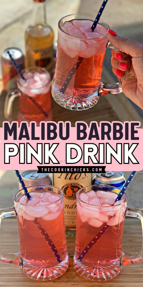 Beat the heat with this Malibu Barbie Pink Drink! The combination of Sprite, Vodka and Pink Lemonade making it a best summer cocktail drinks. This refreshing beverage is also a perfect alcoholic labor day party drink to have. Enjoy! 3 Ingredient Summer Cocktails, Malibu Barbie Pink Cocktail, Mixed Drinks Recipes Easy, Simple Alcoholic Drinks 3 Ingredients, Girly Drinks Alcohol Girl Night, Easy Vodka Drinks 3 Ingredients, Pink Alcoholic Drink, Easy Cocktail Recipes 3 Ingredients, Pink Alcoholic Drinks For A Party