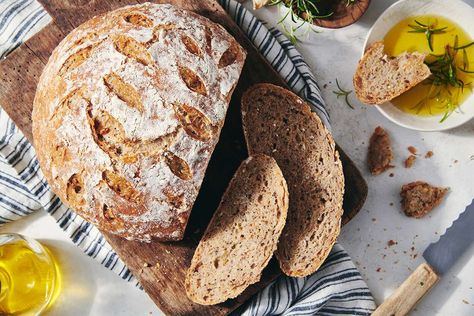 A no-knead bread with layers of texture and a hearty crust. King Arthur Bread, Best Fall Recipes, Multigrain Bread Recipe, Recipes To Bake, Peasant Bread, Multigrain Bread, Fall Fun Food, King Arthur Baking, Oatmeal Cream Pies