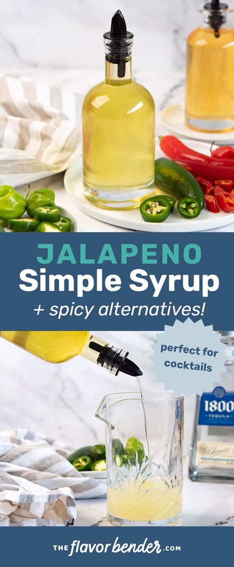 This uniquely flavorful chili infused spicy jalapeno simple syrup is so easy to make, and even easier to adapt to your liking. Perfect to make stunningly delicious cocktails like spicy margaritas. But also perfect to flavor mocktails and other drinks with a lovely spicy kick. #TheFlavorBender #SimpleSyrup #InfusedSimpleSyrups #Cocktails #SpicySimpleSyrup #JalapenoSimpleSyrup Jalapeño Simple Syrup, Spicy Drinks Cocktails, Spicy Cocktails, Infused Simple Syrup, Spicy Margaritas, Unique Cocktail Recipes, Strawberry Simple Syrup, Jalapeño Peppers, Adult Beverages Recipes