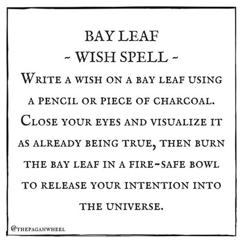 This bay leaf wish spell is a simple way to manifest your desires. To start, you’ll need a bay leaf, a pencil or piece of charcoal, a candle, and a fire-safe bowl or cauldron. Write your wish on the bay leaf and then light the candle. Close your eyes and visualize your wish as already being true, then burn the bay leaf to release your intention into the universe. 🌿🔥✨ . . . #pagan #paganism #pagansofinstagram #wicca #wiccan #wiccansofinstagram #witch #witchesofinstagram #witchy #witchythings # Burn Bay Leaves, Smudging Prayer, Wish Spell, Rites Of Passage, Manifestation Spells, Money Spells That Work, Good Luck Spells, Spells For Beginners, Easy Spells