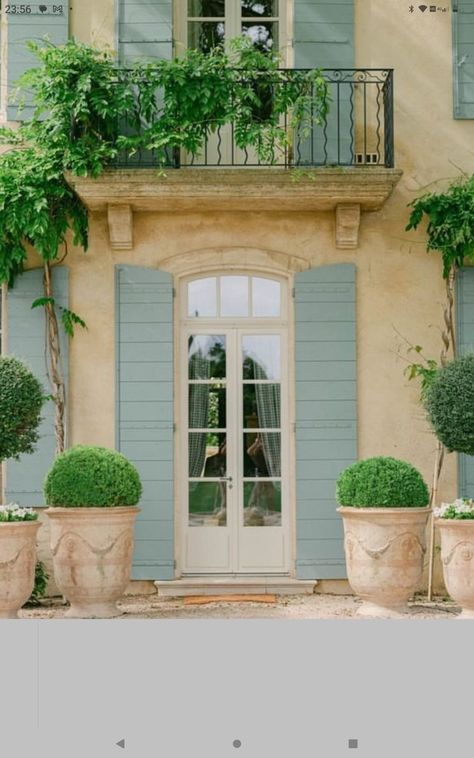 French Cottage Exterior, Limewash Walls, Tan House, Shutter Colors, Green Shutters, Lavender Cottage, Blue Shutters, Home Exterior Makeover, Cottage Exterior