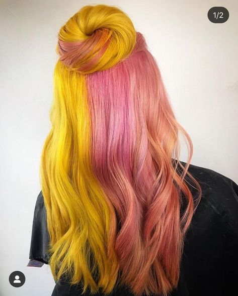 Split Dye Pink, Bright Hair Colors Split Dye, Pink Orange And Yellow Hair, Orange And Yellow Split Dye, Split Hair Dye, Neon Pink And Yellow Hair, Pink And Yellow Hair Split, Sunny Hair, Half And Half Hair