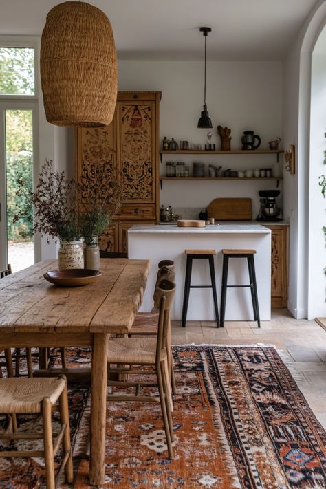 How to Get the Vibrant Boho Kitchen Look – Everyday Inspo Rustic Boho Dining Room, Boho House Inspo, 70s Kitchen Table, Boho Home Decor Kitchen, Boho Dinner Table, Boho Table, Boho Style Home, Cottage Kitchen Aesthetic, Dining Room Inspo