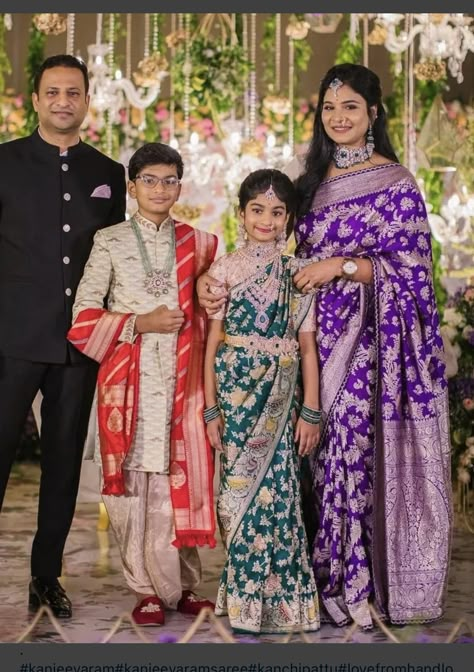 Family Matching Outfits Indian, Dhoti Function, Thread Ceremony, Saree Ceremony, Saree Function, Kids Indian Wear, Half Saree Function, Sarees South Indian, Bridal Sarees South Indian