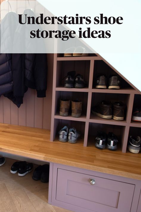 Understairs shoe storage Under Stair Shoe And Coat Storage, Boot Room Ideas Under Stairs, Under Stairs Storage For Coats And Shoes, Small Under Stairs Shoe Storage, Boot Room Under Stairs, Under Stairs Shoe And Coat Storage, Coat Wardrobe Storage, Understairs Shoe And Coat Storage Ideas, Under Stairs Storage With Bench