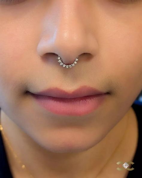 Septum Piercing with our Prong Pave Daith Clicker 💎✨ Find Ireland's largest collection of Fine Jewellery in-store at 7 D'Olier Street or online at our webstore, link in bio! Boho Septum Piercing, Septum Piercing Aesthetic, Small Septum Piercing, Small Septum, Daith Clicker, Curated Ears, Septum Nose Piercing, Septum Piercing, Nose Piercing