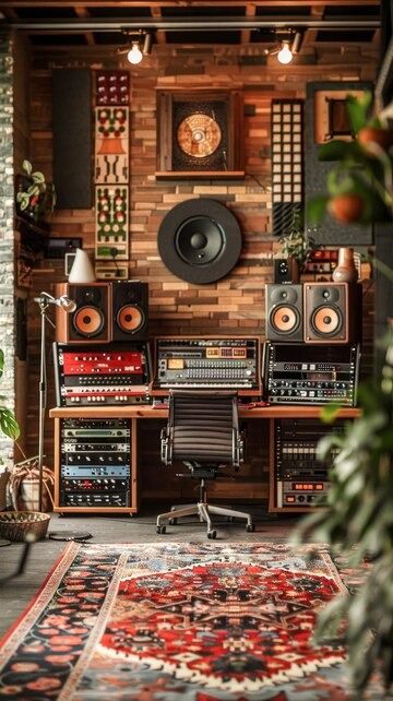 Industrial Music Room, Mid Century Modern Music Studio, Vintage Recording Studio, Music Corner Ideas, Audiophile Aesthetic, Moody Music Room, Aesthetic Music Room, Basement Music Studio, Music Room Aesthetic