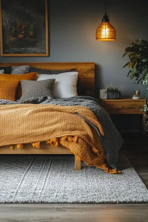 7 Bedroom Ideas for People Who Want a Cozy Vibe Grey Orange Bedroom, Cozy Bedroom Office, Warm Bedroom Colors, Grey Bedroom Colors, Winter Bedroom Decor, Bedroom Ideas For Small Rooms Women, Cozy Bedroom Colors, Land House, Duvet Covers Bohemian