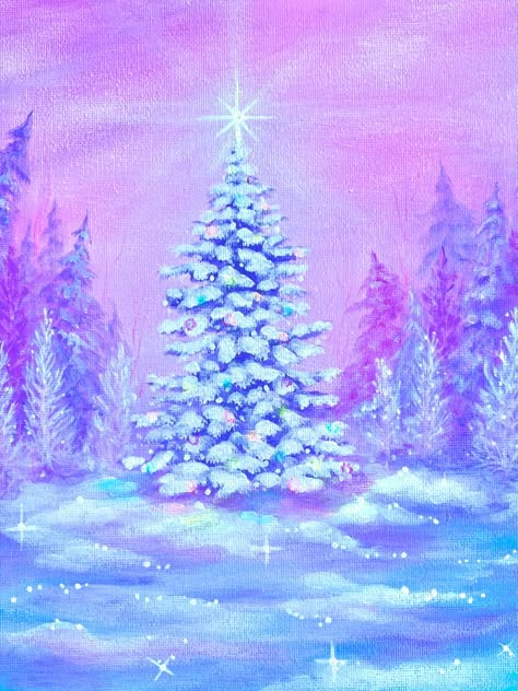 Fantasy Acrylic Painting February Painting Ideas, Painting Ideas Galaxy, Christmas Purple Aesthetic, Snowglobe Art, Easy Christmas Painting, Fantasy Acrylic Painting, Sparkle Painting, Pastel Acrylic Painting, Beginner Acrylic Painting