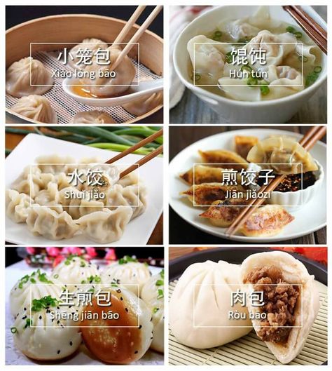 Different types of Chinese dumplings Types Of Dumplings, Mandarine Recipes, Chinese Hanzi, Chinese Flashcards, Mandarin Chinese Languages, Bahasa China, Chinese Language Words, International Dishes, Mandarin Language