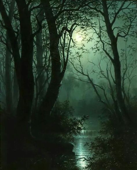 1878 Moonlit Forest Scene Shadow Tree, Dark Painting, Moonlit Forest, Moon Dark, Dark Naturalism, Forest Moon, Moonlight Painting, Forest Light, Dark Green Aesthetic