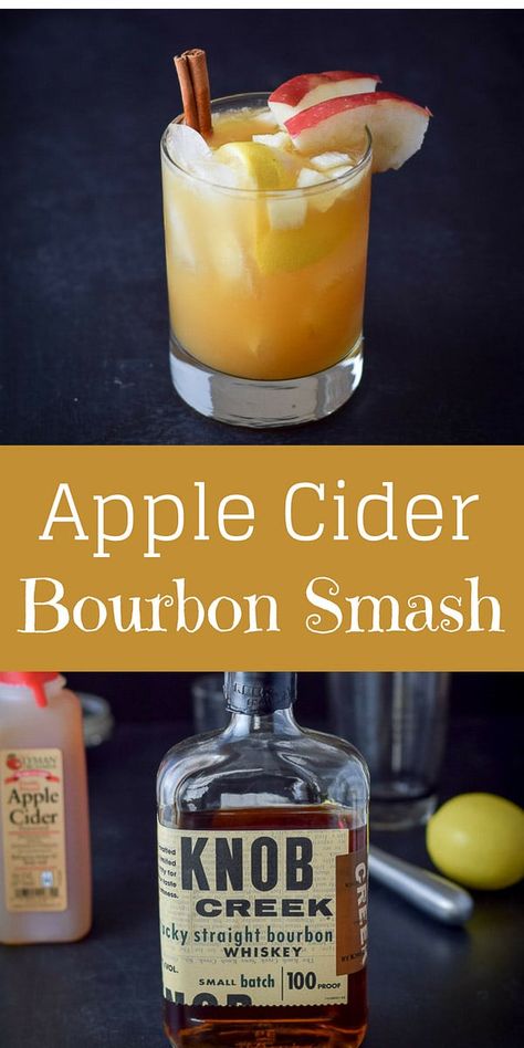 This #apple #cider #bourbon #smash #cocktail is so yummy. It is perfect to serve over the holidays. But not just for that time, but year round, that's how good it is. Try it and see. #dishesdelish Spiced Bourbon Apple Cider, Apple Smash Cocktail, Apple Cider Whiskey Smash, Bourbon And Cider Cocktail, Apple Pie Bourbon Cocktail, Apple Cider Smash, Spiked Apple Cider Bourbon, Apple Cider Liquor Drinks, Apple Whiskey Drinks Cocktail Recipes