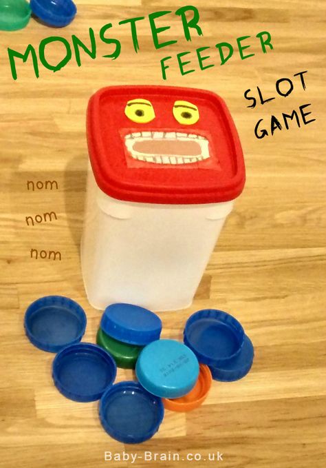 Monster Feeder slot game - fine motor skill development - fun DIY baby/toddler activity, from baby-brain.co.uk Sensory Balloons, Tin Ideas, Motor Coordination, Fun Friday, Fine Motor Skills Development, Motor Skills Activities, Skill Development, Games For Toddlers, Toddler Play