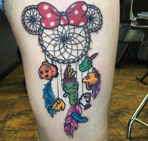 Disney Dream Catcher Tattoo, Disney Dream Catcher, Dream Catcher Tattoo Ideas, Mickey And Minnie Tattoos, Disney Stitch Tattoo, Minnie Tattoo, Lilo And Stitch Tattoo, Small Hummingbird Tattoo, Disney Sleeve Tattoos