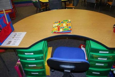 Kidney table storage Classroom Shelves, Guided Reading Table, Teacher Desk Organization, Intervention Classroom, Guided Reading Kindergarten, Classroom Desk, Classroom Seating, Teacher Desk, School Sets