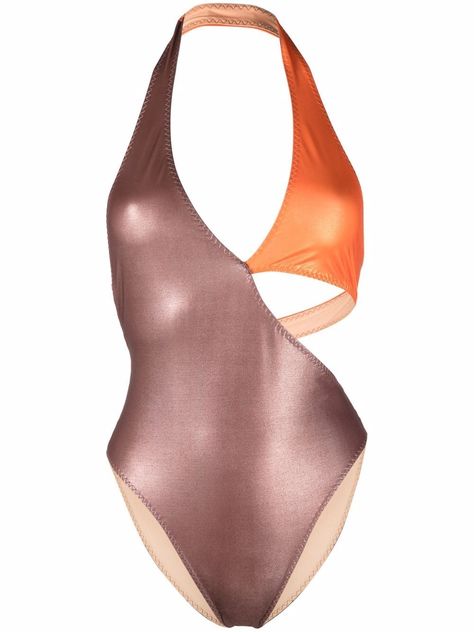 Brown/orange cut-out one-piece swimsuit from ALESSANDRO VIGILANTE featuring metallic sheen, cut-out detailing, halterneck, two-tone design, high cut and full lining. Be mindful to try on swimwear over your own garments.. Orange Cut, Cut Out One Piece, Brown Orange, High Cut, Cut Outs, Try On, One Piece Swimsuit, Bathing Suits, Two Tone