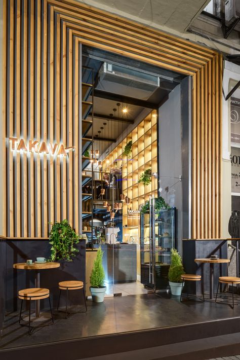 Caffe Ideas, Coffee Shop Lighting, Modern Coffee Shop, Hidden Lighting, Restaurant Exterior, Wood Facade, Decoration Restaurant, Design Café, Modern Cafe