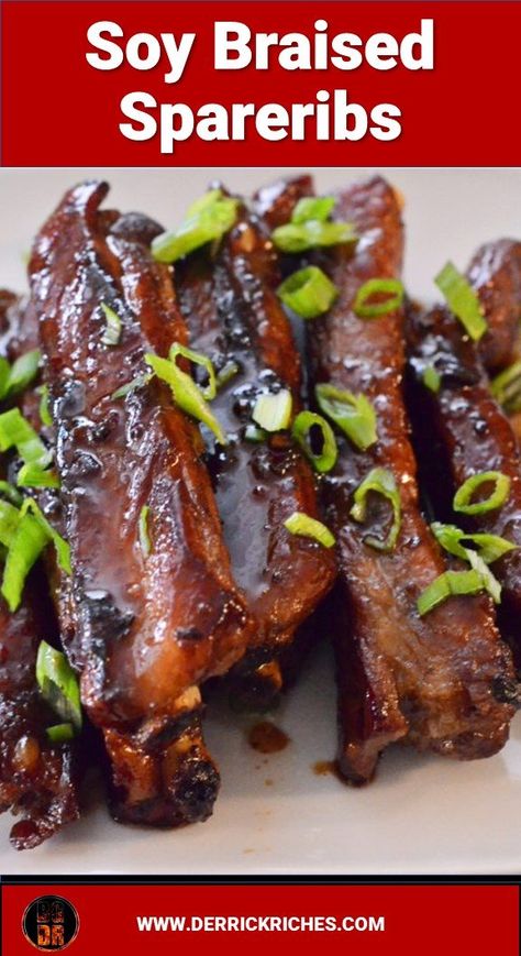 Soy Braised Spare Ribs - These soy braised spare ribs are tender and flavorful. Braising caramelizes the sauce and yields a rich, mildly sweet, umami flavor. via @derrickriches Braised Spare Ribs, Asian Ribs Recipe, Rib Sauce, Boneless Ribs, Pork Spare Ribs, Pork Rib Recipes, Grilled Pork Chops, Steamed Vegetables, Braised Pork