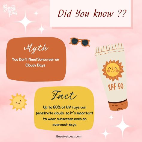 Think you know everything about sunscreen? ☀️ Time to bust some myths and reveal the facts! Swipe to get one more the truth about sun protection and keep your skin safe. 🧴✨ #sunscreen #myth #mythvsfact #sunprotection #sunscreeneveryday #skincare #skincaretips Safe Sunscreen, Wear Sunscreen, Cloudy Day, Spf 50, Uv Rays, Get One, The Truth, Skin Care Tips, Sun Protection