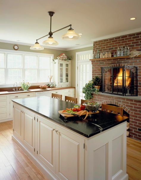 Kitchen With Fireplace, Tall Fireplace, New England Farmhouse, Farmhouse Cabinets, Farmhouse Fireplace, Kitchen Fireplace, New House Plans, White Cabinets, Dream Kitchen