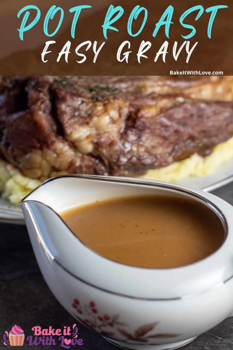 This pot roast gravy is rich, flavorful, and the perfect addition to any meal! Pot Roast Potatoes, Roast Gravy Recipe, Gravy Recipe No Drippings, Homemade Beef Gravy, Brown Gravy Recipe Easy, Pot Roast Gravy, Roast Beef Gravy, Beef Gravy Recipe, Homemade Brown Gravy