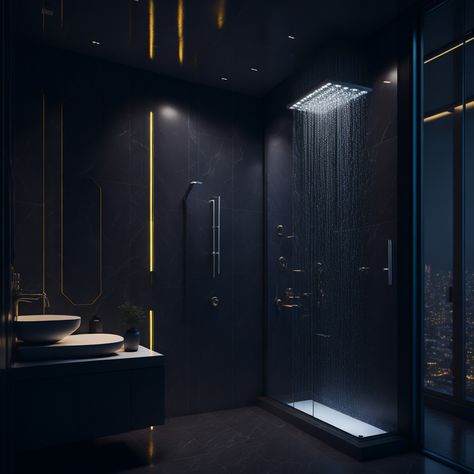 Night Club Bathroom Aesthetic, Dark Penthouse, Penthouse Night, Led Interior Design, Black Penthouse, Night Club Ideas, Dark Home Aesthetic, Penthouse Bathroom, Penthouse Aesthetic