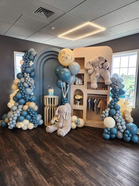 Elephants Baby Shower Party Ideas | Photo 2 of 9 Elephant Theme Party, Elephant Boy Baby Shower Theme, Elephant Babyshower, Elephant Themed Baby Shower Ideas, Elephant Balloon Decoration, Elephant Theme Baby Shower Boy, Baby Blue Baby Shower Ideas Boys, Shades Of Blue Baby Shower Ideas, Elephant Theme Gender Reveal