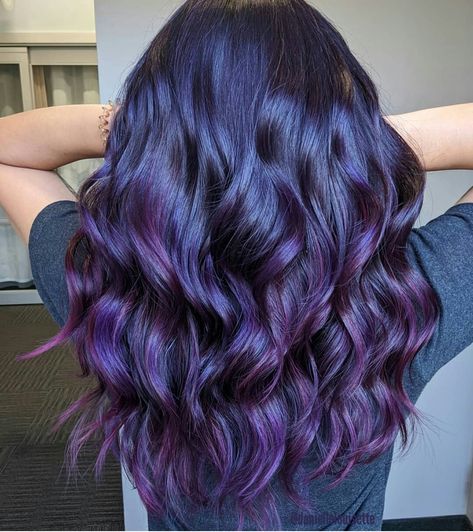 Blue Purple Balayage, Violet Black Hair, Violet Balayage, Dark Violet Hair, Purple Highlights Brown Hair, Purple Hair Ideas, Stylish Hair Colors, Violet Hair Colors, Purple Balayage