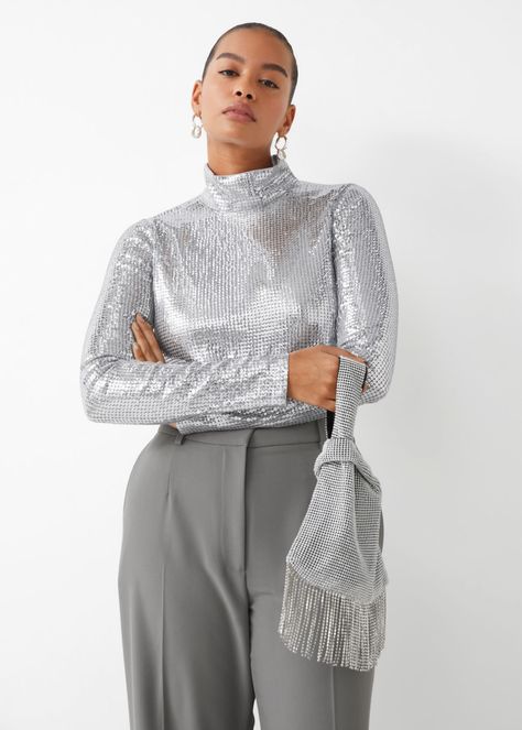 Fitted Sequin Turtleneck Top - Silver - & Other Stories GB Sequin Turtleneck, Turtleneck Top, Party Tops, Women's T Shirts, Turtle Neck Top, Fashion Story, Sequin Top, Wearing Black, Shirts Tops