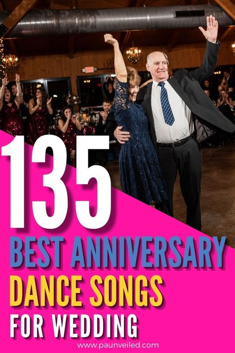 A Pinterest pin that has a photo of the longest married couple at a wedding putting their hands in the air. The text on the pin reads, 135 best anniversary dance songs for wedding Songs For Wedding Reception, Song For Wedding, Dance Songs For Wedding, Wedding Song Playlist, Mother Son Wedding Dance, Wedding Songs Reception, Party Music Playlist, Wedding Dance Music, Wedding Music Playlist