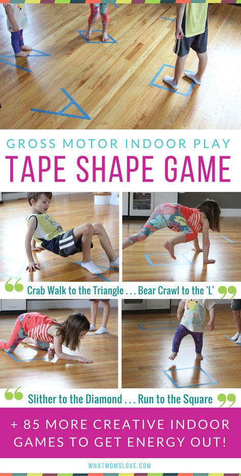 Best Active Indoor Activities For Kids, including fun games with a roll of tape! | Gross Motor Games and Creative Ideas For Winter (snow days!), Spring (rainy days!) or for when Cabin Fever strikes | Awesome Boredom Busters and Brain Breaks for high energy Toddlers, Preschool and beyond - see the full list at whatmomslove.com Gross Motor Games, Energy Kids, Physical Activities For Kids, Indoor Games For Kids, Gross Motor Activities, Movement Activities, Indoor Activities For Kids, Indoor Fun, Rainy Day Activities