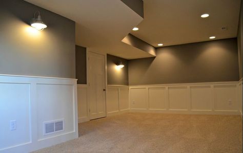 Wainscotting Basement Wainscoting, White Baseboards, Modern Basement, Basement Inspiration, Basement Living Rooms, Basement House, Basement Makeover, Basement Walls, Basement Design Ideas