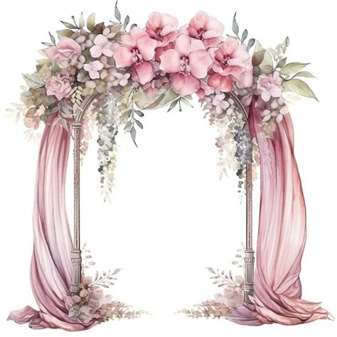 Floral Arch Drawing, Archway Garland, Pink Flower Arch, Pink Wedding Arch, Pink Wedding Card, Arch With Flowers, Garland Wreaths, Wedding Illustration Card, Digital Wedding Invitations Design